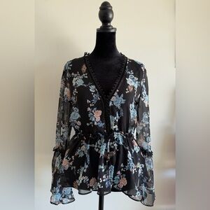 WhiteHouse Black Market Womens XS Sheer Floral Boho Peplum Blouse Fairycore